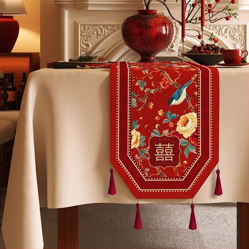 Vjenčana stolna zastavica s veselim uzorkom, vodootporna tkanina s konopnim izgledom, prilagodljivi pokrov za TV stojak, komoda s ladicama i osmerokutni kavos stol