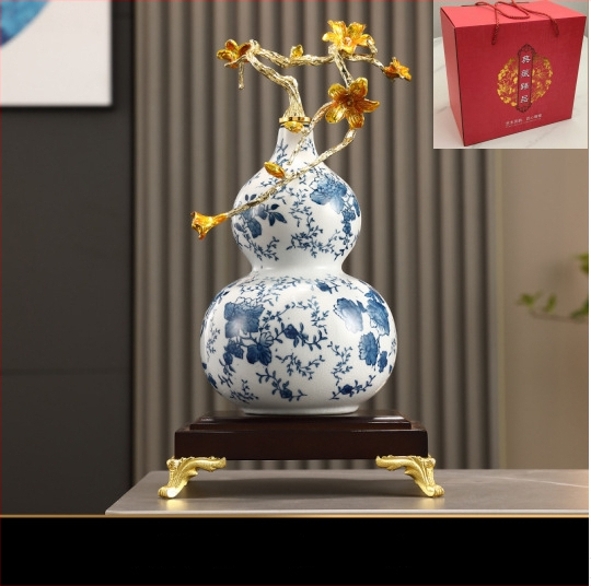 Keramikas kalabāša formas dekoratīvā figūra ar emaljas apdari, zilas un baltas krāsas raksts, ķīniešu stila mājas dekors dzīvojamajai istabai, vīna skapis vai birojam