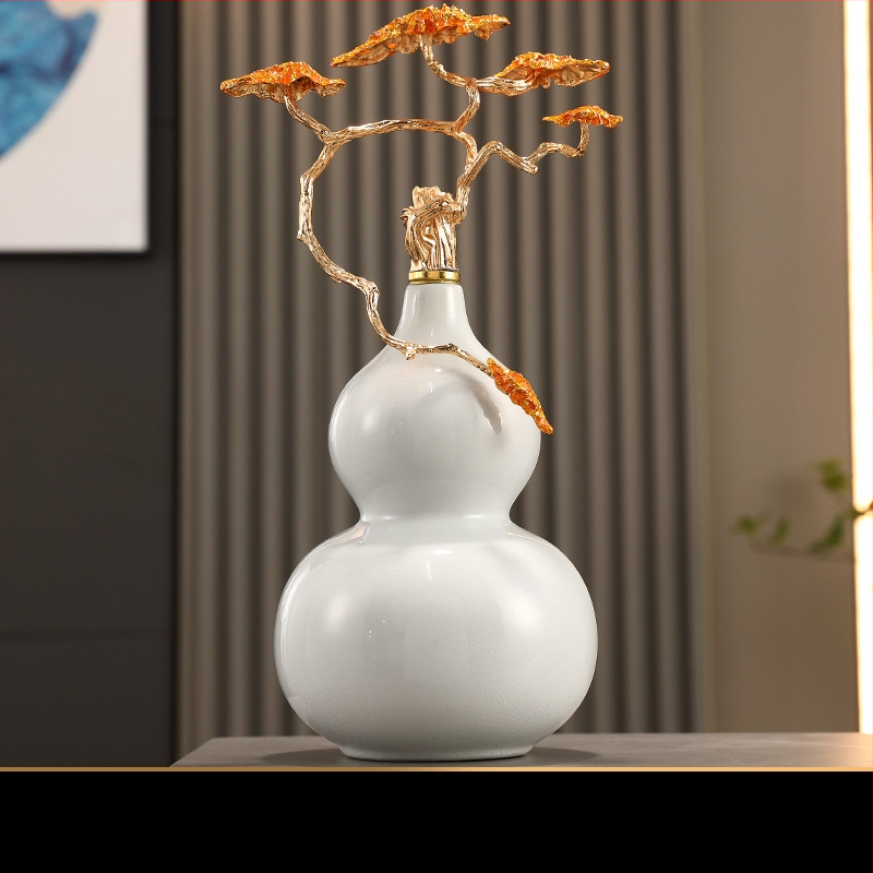 Keramikas kalabāša formas dekoratīvā figūra ar emaljas apdari, zilas un baltas krāsas raksts, ķīniešu stila mājas dekors dzīvojamajai istabai, vīna skapis vai birojam