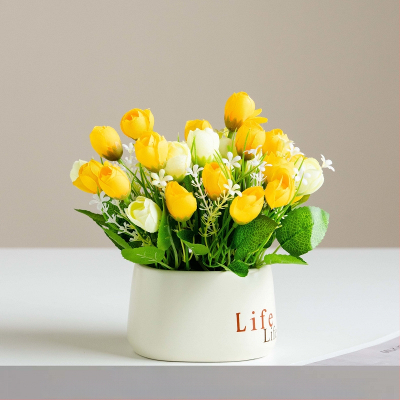 Dirbtinių šilkinių gėlių vazonas svetainės dekorui – šilko gėlės, serigrafijos technika