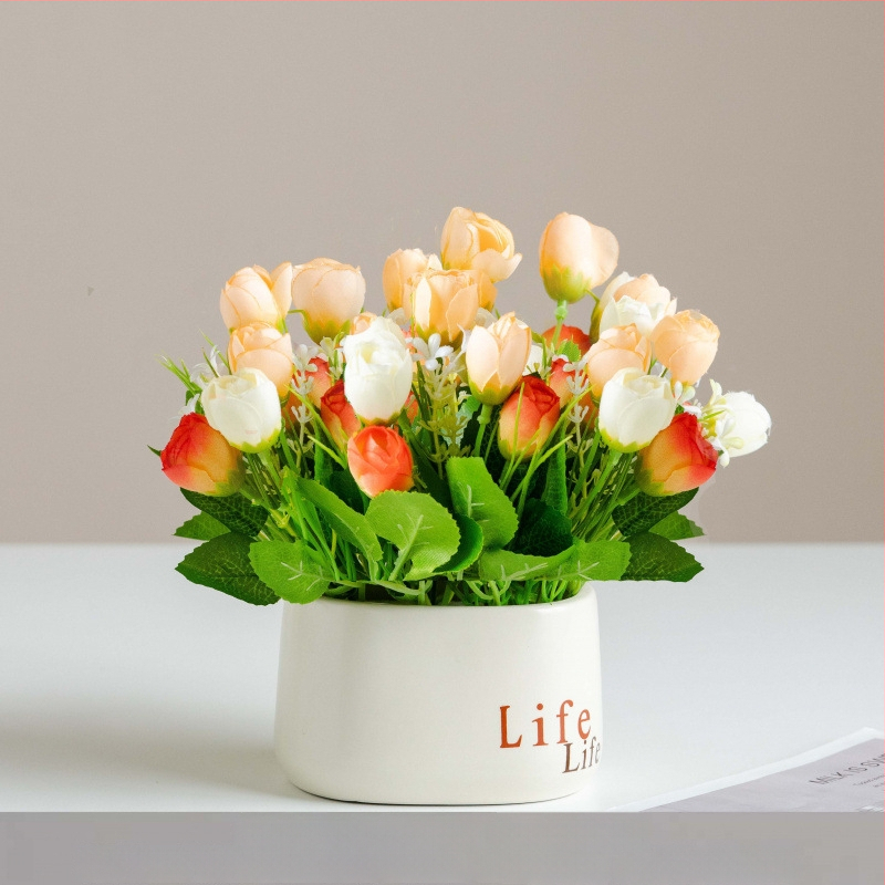 Dirbtinių šilkinių gėlių vazonas svetainės dekorui – šilko gėlės, serigrafijos technika