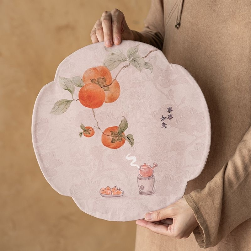 Διπλής όψεως ματ για τσάι, στρογγυλό, ύφασμα, κινέζικου ύφους, αντιολισθητικό