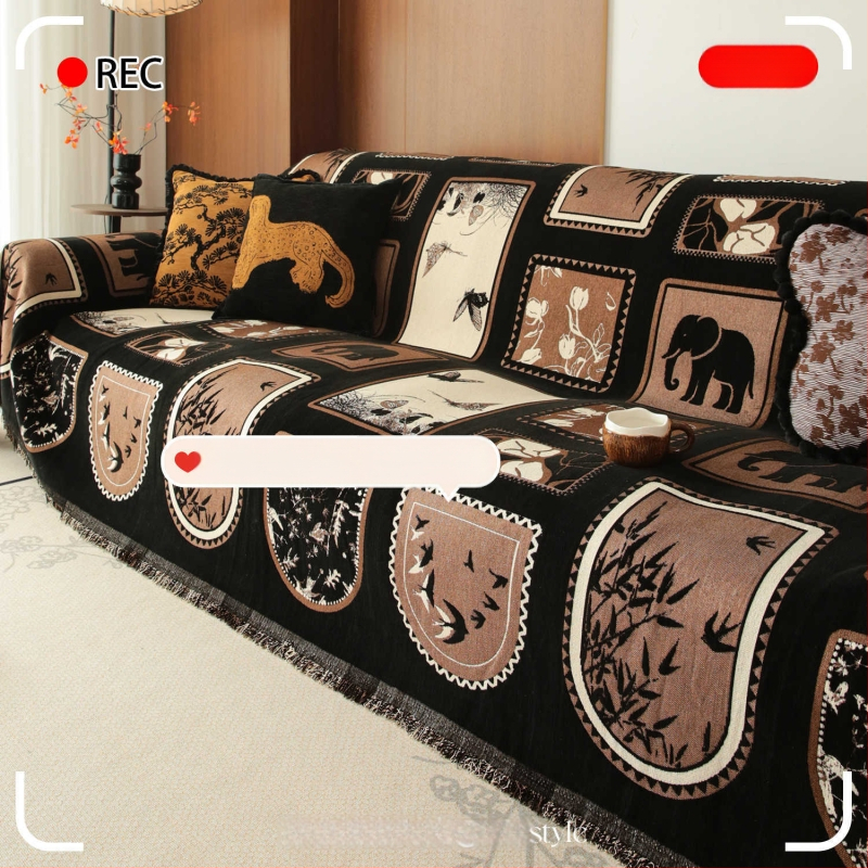 Chenille anyagú kanapévédő huzat szekcionált kanapéhoz, mediterrán stílus, pad-típusú, por- és macskakarcolás elleni védelem