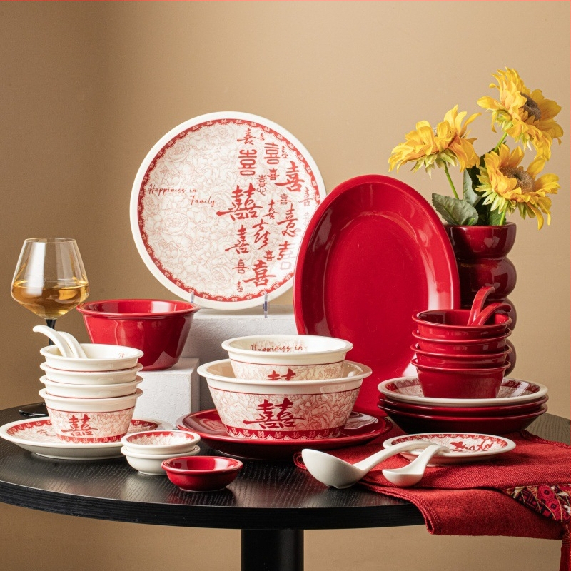 Tongfa keraminė valgio patiekalų rinkinys – dubenėliai ir lėkštės, apvalios formos, po glazūra, tinkamas mikrobangų krosnelėje, naujas Kinijos stilius