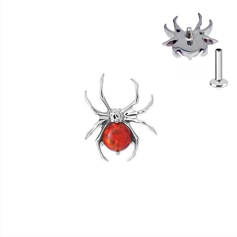 Titanio lūpų piercing su voratinklio formos bezel opalui, G23 lydinys