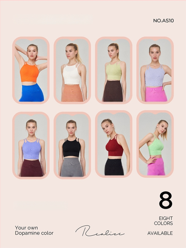 Sporta krūšturis-vestas treniņiem bezšuvju dizains - ārējais audums nylonammonija maisījums (92% neilons, 8% spandeksa oderes); pilnas krūšu formas kauss; moldēti kauss, augšdaļa plāna un apakšdaļa bieza; fiksētas dubultās siksnas; jacquard raksts