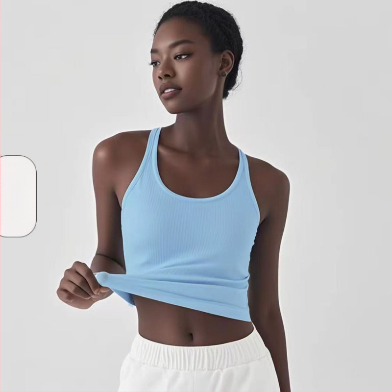 Sieviešu jogas topiņš no Spandex-Nylon auduma, ātri žūst, ar krūšu spilventiņiem, I-veida mugura, garums 46 cm