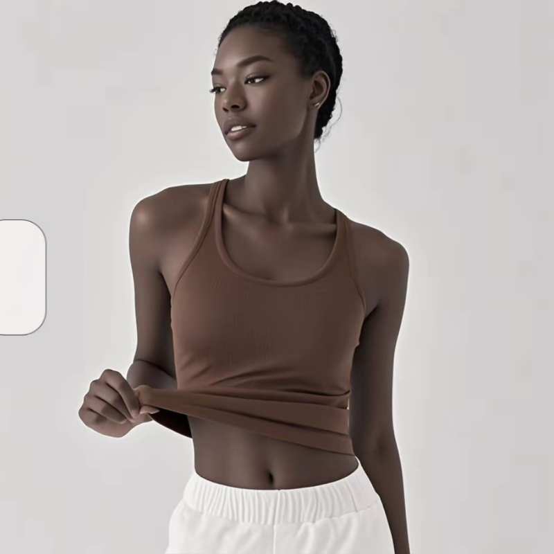 Sieviešu jogas topiņš no Spandex-Nylon auduma, ātri žūst, ar krūšu spilventiņiem, I-veida mugura, garums 46 cm