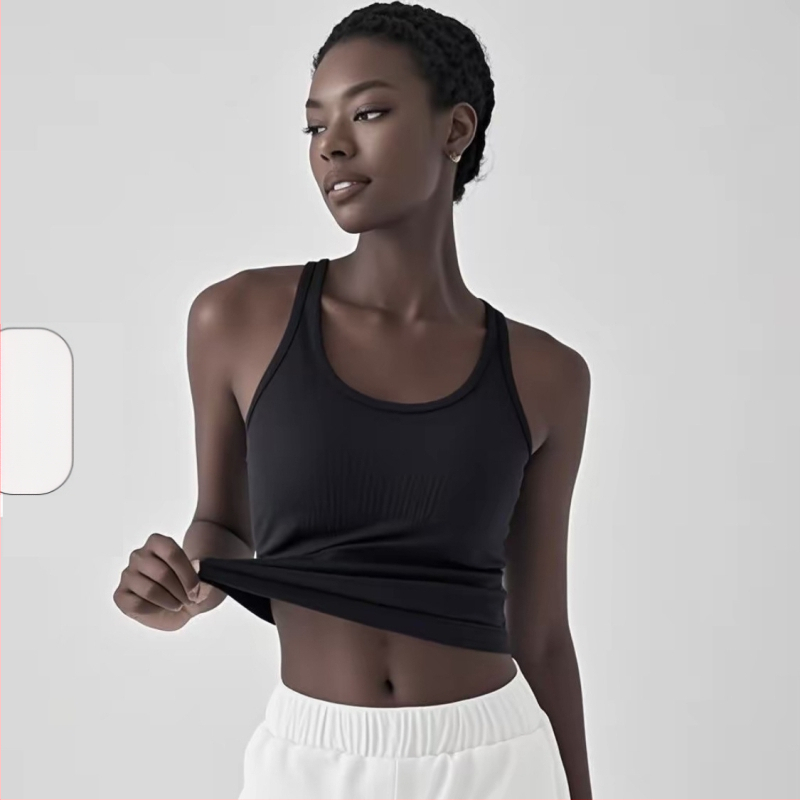 Sieviešu jogas topiņš no Spandex-Nylon auduma, ātri žūst, ar krūšu spilventiņiem, I-veida mugura, garums 46 cm