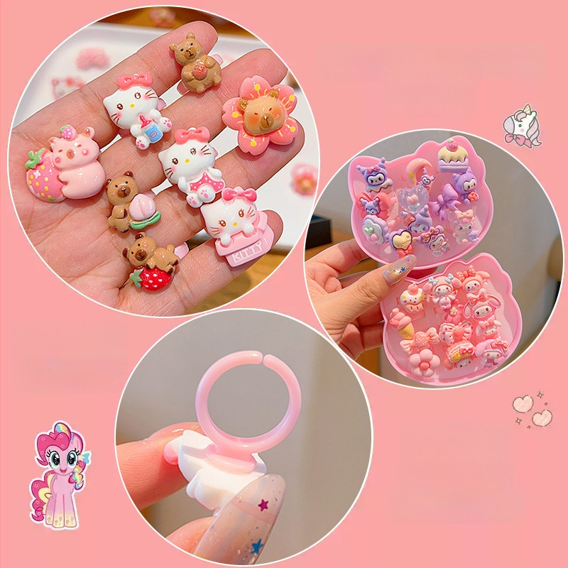 Bērnu Kuromi gredzens – karikatūras stilā, plastmasa/resīns, rozā kvarca kristāls, vecums 3–10 gadi, štancēšanas tehnika