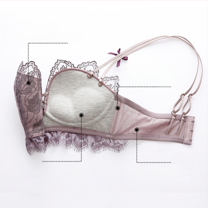 Sieviešu bezvadu mežģīņu krūšturis ar formas veidošanas funkciju, komplekts ar aizmugures dizainu; 3/4 kauss, forma: augšējā plāna, apakšējā bieza; noņemamas dubultās siksnas, aizmugurē četras rindu aizdares