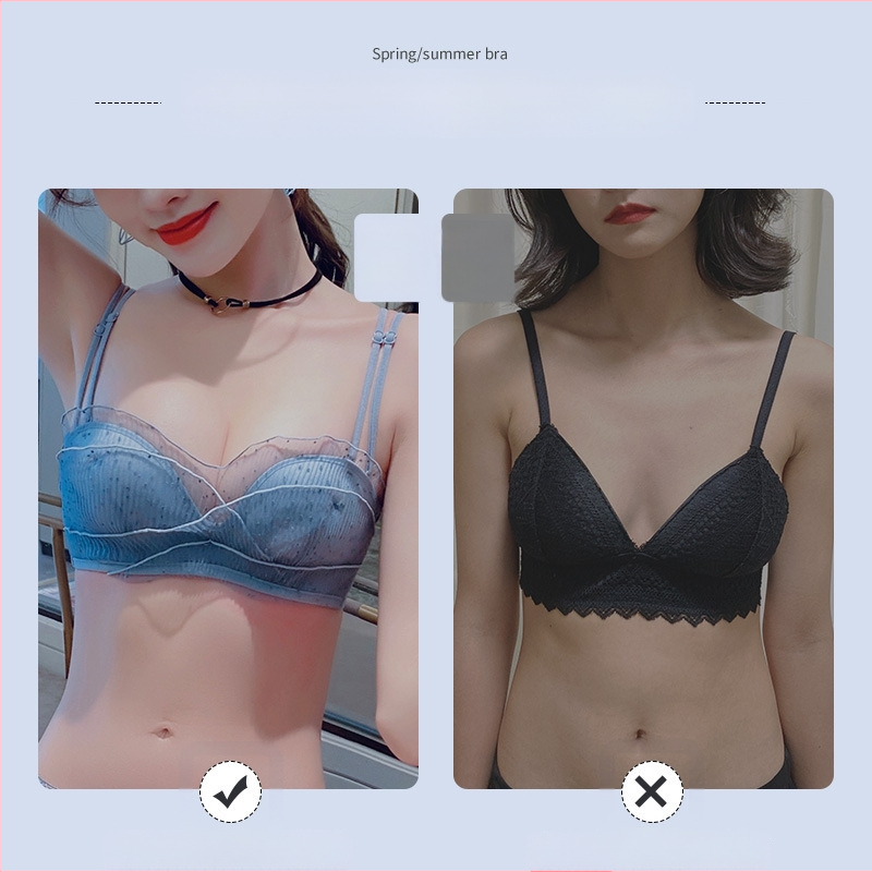 Mežģīņu bezvadu krūšturis komplekts mazam krūtīm — 3/4 kauss, augšējā plāna un apakšējā bieza kauss, noņemamās dubultās siksnas