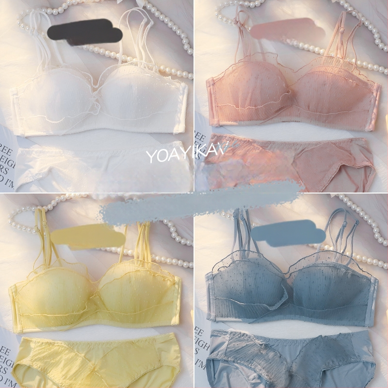 Mežģīņu bezvadu krūšturis komplekts mazam krūtīm — 3/4 kauss, augšējā plāna un apakšējā bieza kauss, noņemamās dubultās siksnas