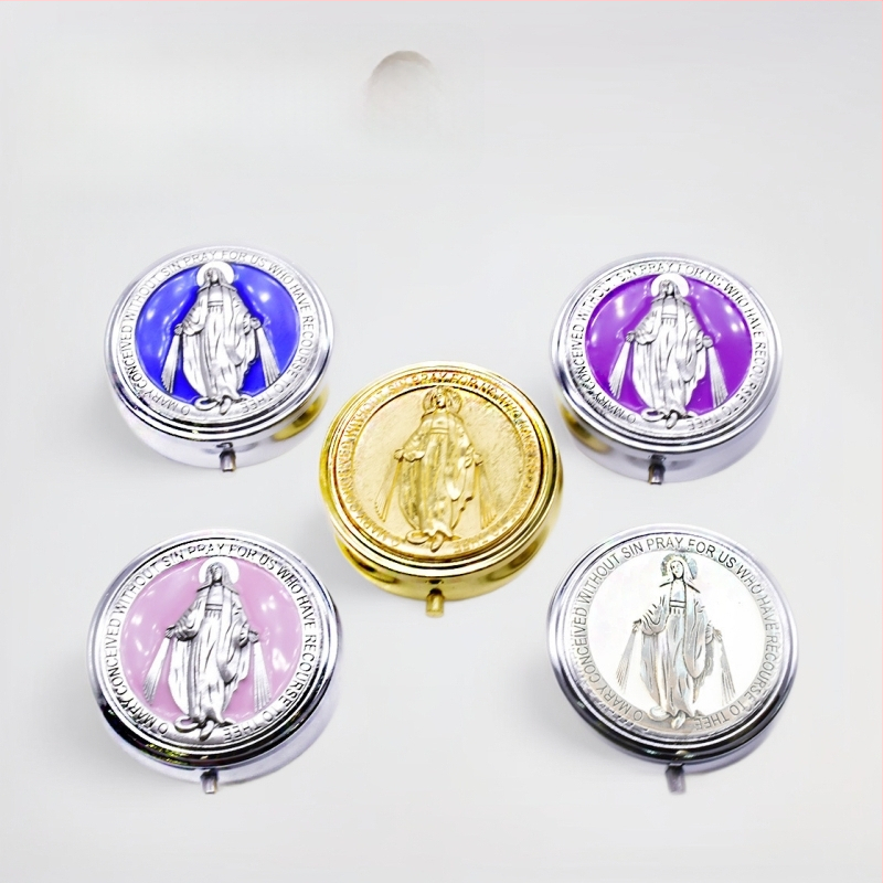 Κουτί δώρου ροζάριο με τον Άγιο Βενέδικτο και την Παναγία – Κράμα Ψευδάργυρου, ανάγλυφη επιφάνεια, Θρησκευτικό στυλ