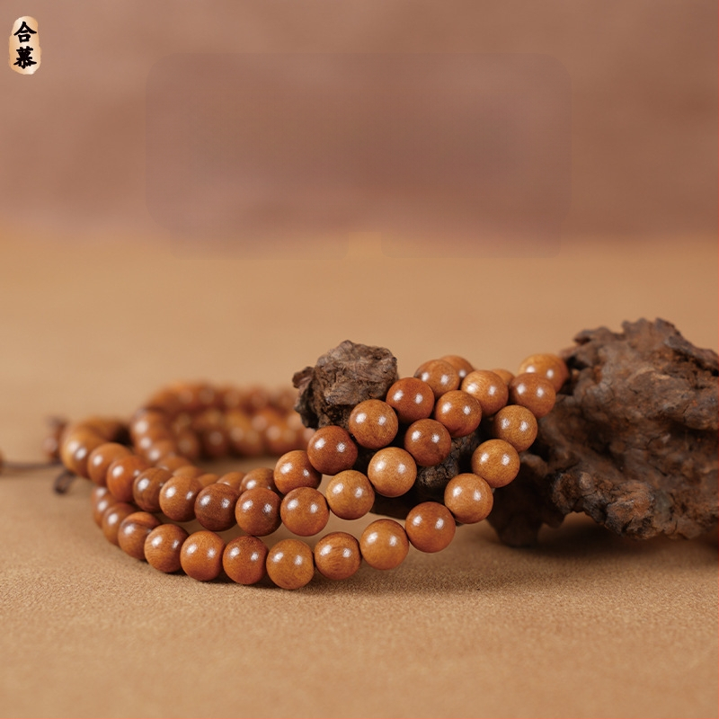 Virsikpuust käevõru 108 helmiga, budistlikud helmed, etnilise stiiliga, poleeritud viimistlus, poolkäsitsi ja poolmasinaga töödeldud