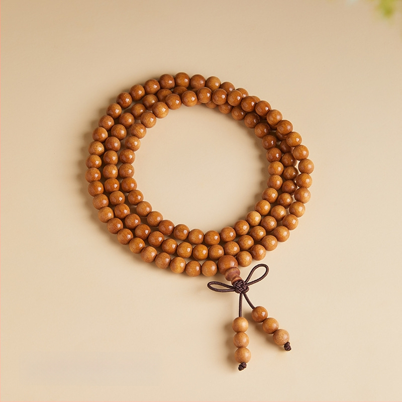 Virsikpuust käevõru 108 helmiga, budistlikud helmed, etnilise stiiliga, poleeritud viimistlus, poolkäsitsi ja poolmasinaga töödeldud