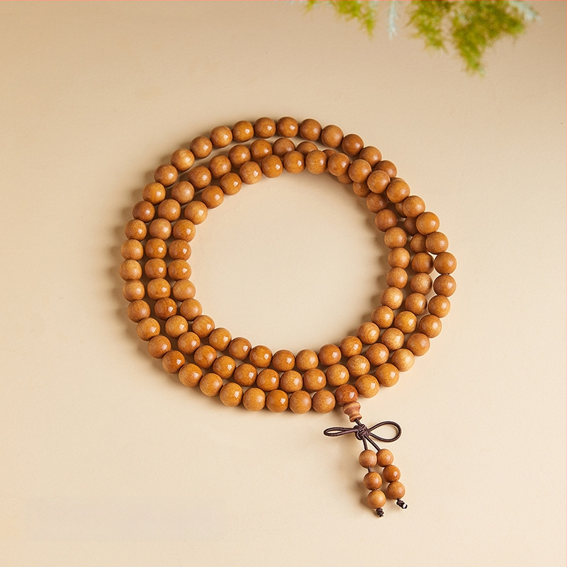 Virsikpuust käevõru 108 helmiga, budistlikud helmed, etnilise stiiliga, poleeritud viimistlus, poolkäsitsi ja poolmasinaga töödeldud