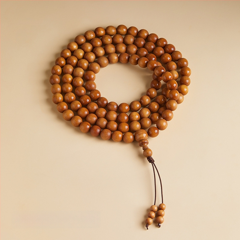 Virsikpuust käevõru 108 helmiga, budistlikud helmed, etnilise stiiliga, poleeritud viimistlus, poolkäsitsi ja poolmasinaga töödeldud