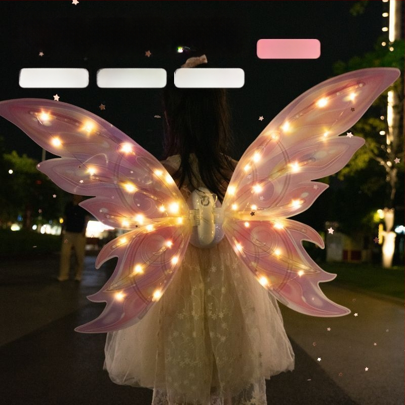 Valgustuvad liblikafee tiivad liikuva LED-efektiga, plastist rekvisiit lavale, 14+ aastat