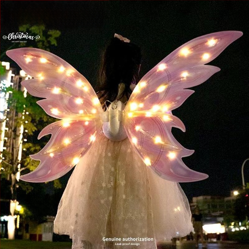 Valgustuvad liblikafee tiivad liikuva LED-efektiga, plastist rekvisiit lavale, 14+ aastat