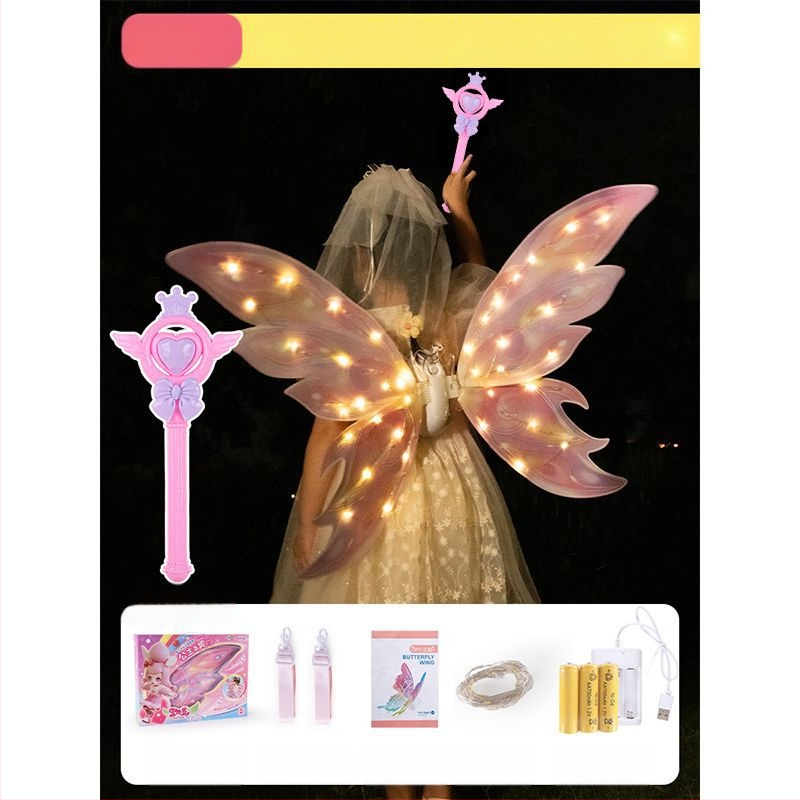 Valgustuvad liblikafee tiivad liikuva LED-efektiga, plastist rekvisiit lavale, 14+ aastat