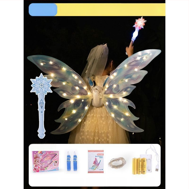 Valgustuvad liblikafee tiivad liikuva LED-efektiga, plastist rekvisiit lavale, 14+ aastat