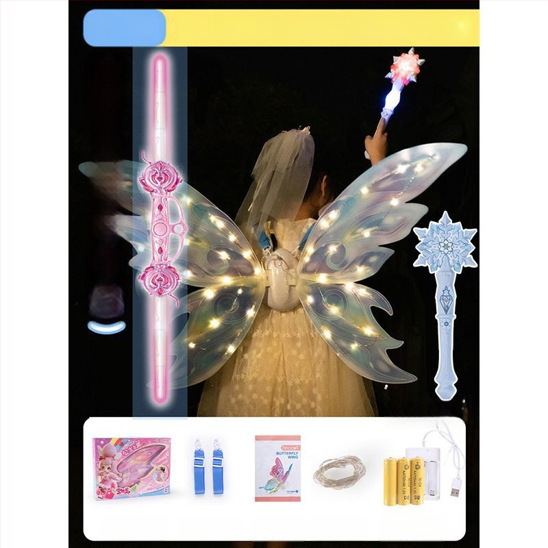 Valgustuvad liblikafee tiivad liikuva LED-efektiga, plastist rekvisiit lavale, 14+ aastat