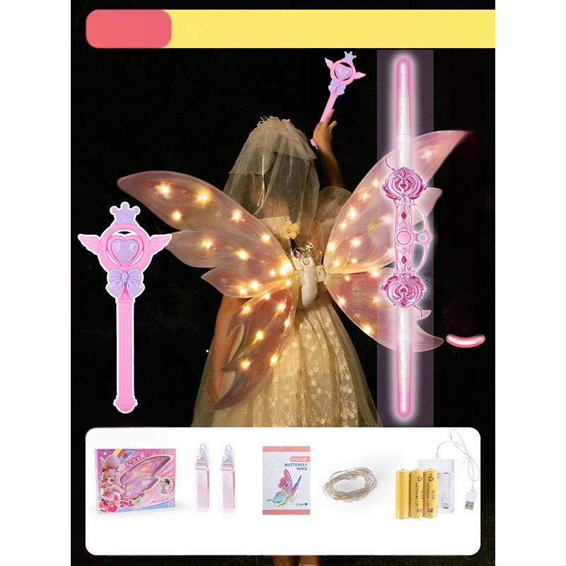 Valgustuvad liblikafee tiivad liikuva LED-efektiga, plastist rekvisiit lavale, 14+ aastat