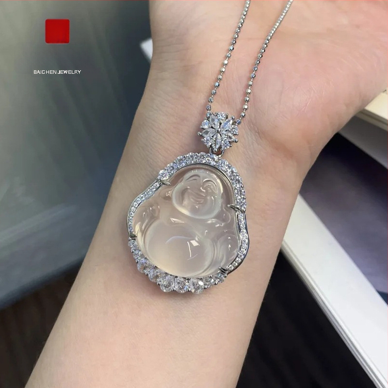 Baichen Jewelry Budha ripats kaelakee chalcedonist agatist, geomeetriline kuju, zirkoni seadistus, hõbedaga katetud