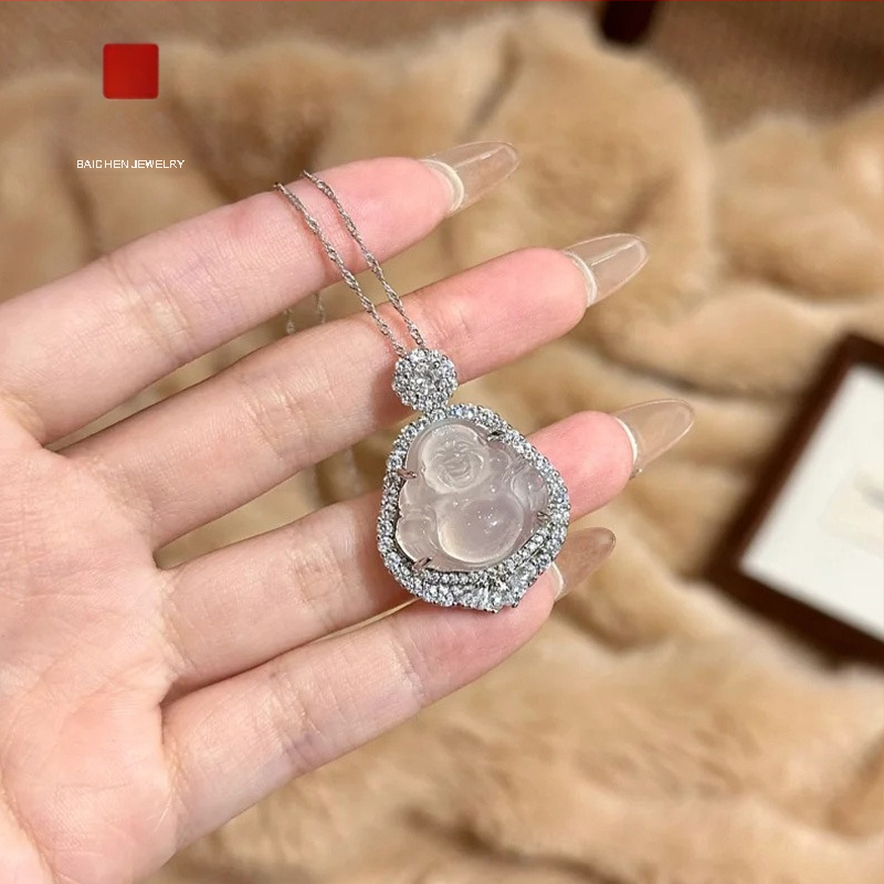 Baichen Jewelry Budha ripats kaelakee chalcedonist agatist, geomeetriline kuju, zirkoni seadistus, hõbedaga katetud