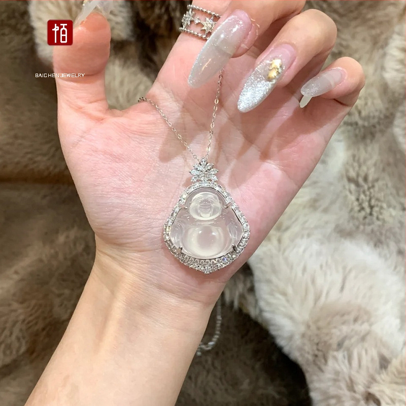 Baichen Jewelry Budha ripats kaelakee chalcedonist agatist, geomeetriline kuju, zirkoni seadistus, hõbedaga katetud