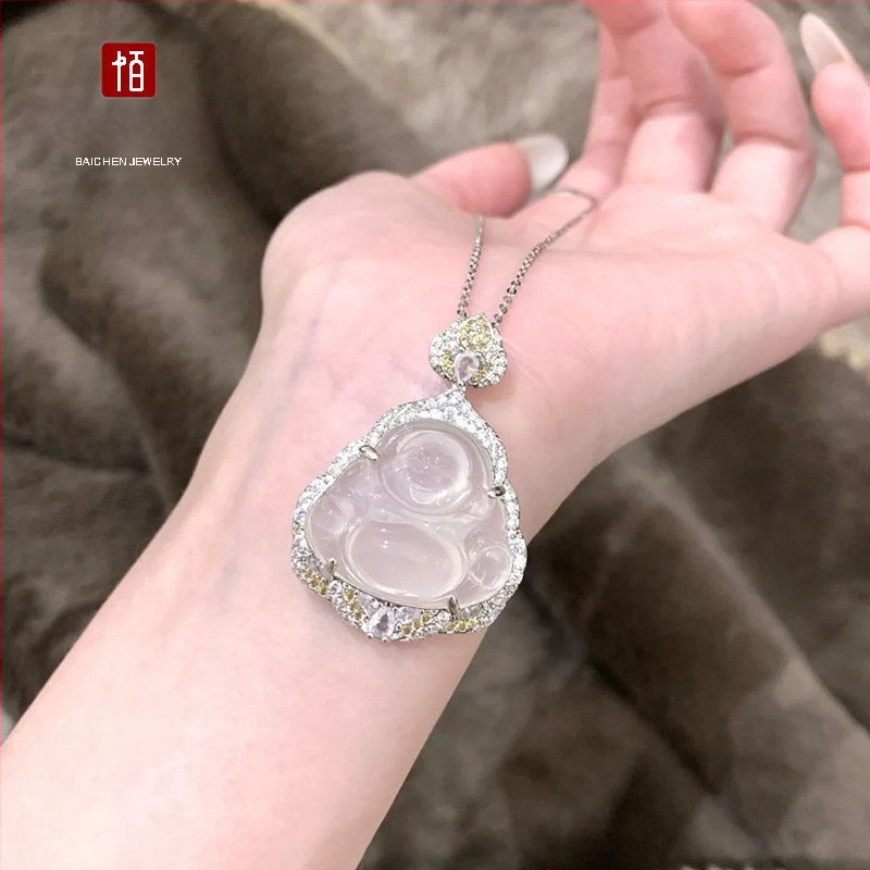 Baichen Jewelry Budha ripats kaelakee chalcedonist agatist, geomeetriline kuju, zirkoni seadistus, hõbedaga katetud