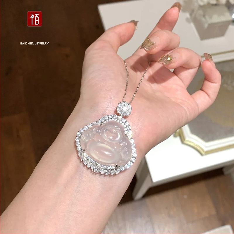 Baichen Jewelry Budha ripats kaelakee chalcedonist agatist, geomeetriline kuju, zirkoni seadistus, hõbedaga katetud