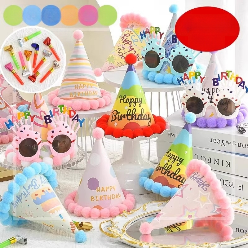 Σετ αξεσουάρ μακιγιάζ και κοστουμιών για γενέθλια: στέμμα, καπέλο-τούρτα και γυαλιά πάρτι