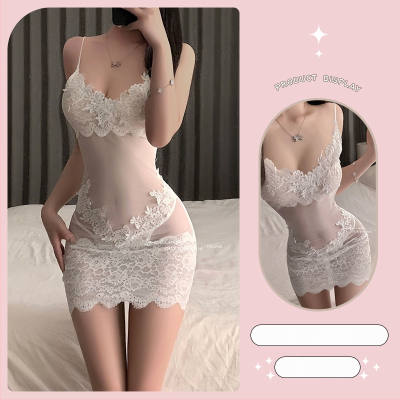 Νυχτικό με τιράντες από δαντέλα, διάτρητο ύφασμα από πολυεστέρα, λεπτή ύφανση, V-λαιμό, χωρίς μανίκια