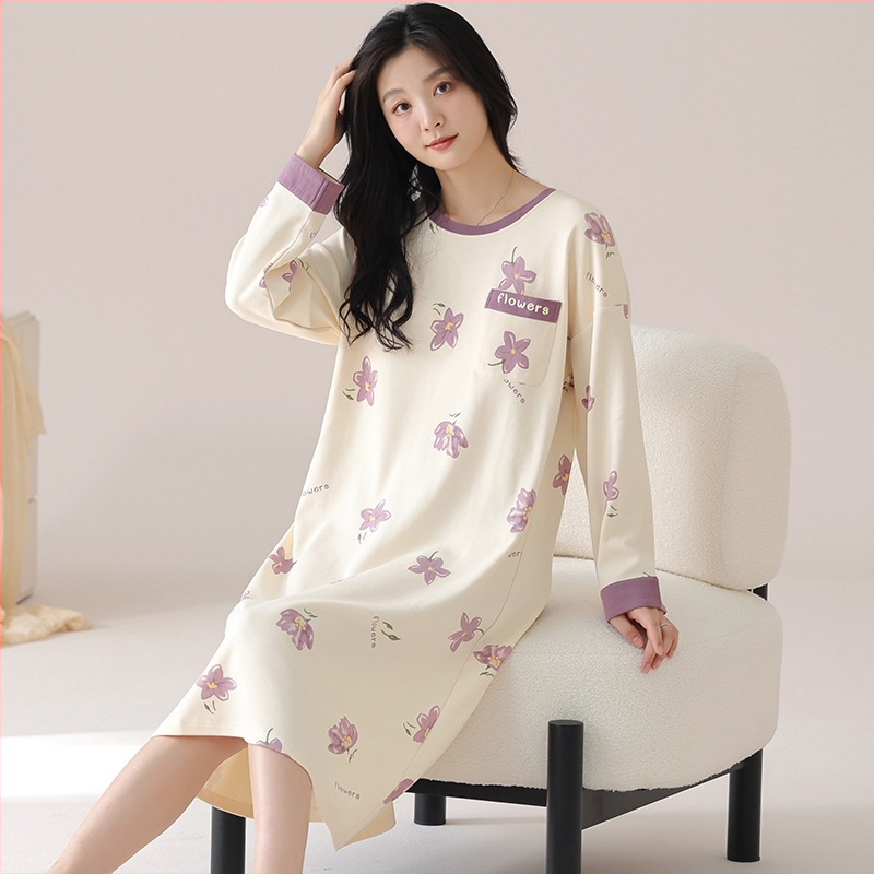 Νυχτικό από βαμβάκι για γυναίκες, μακριά μανίκια, λαιμόκοψη στρογγυλή, μεσαίου μήκους, άνετο για ύπνο