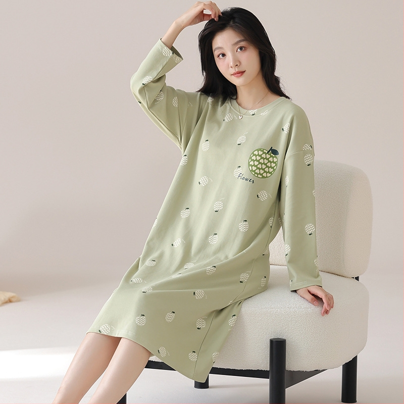 Νυχτικό από βαμβάκι για γυναίκες, μακριά μανίκια, λαιμόκοψη στρογγυλή, μεσαίου μήκους, άνετο για ύπνο