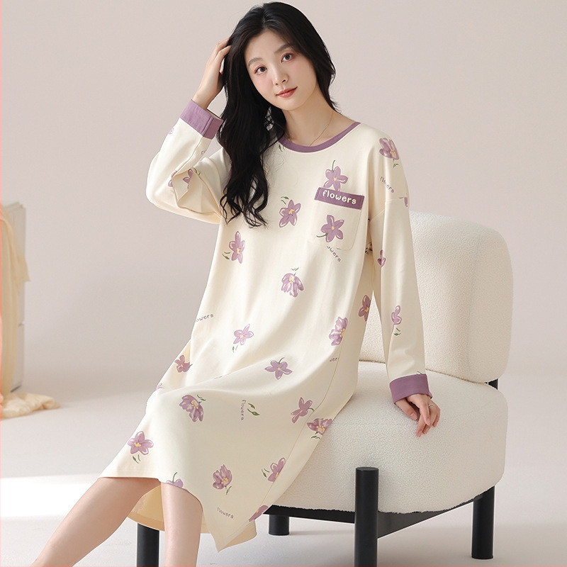 Νυχτικό από βαμβάκι για γυναίκες, μακριά μανίκια, λαιμόκοψη στρογγυλή, μεσαίου μήκους, άνετο για ύπνο