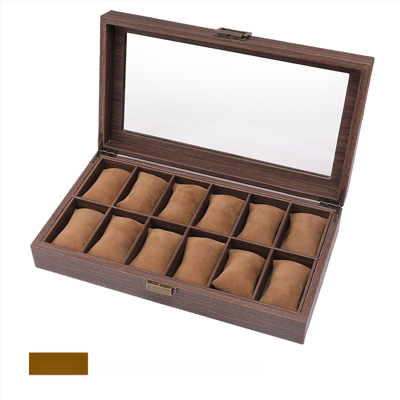 12 skyrių laikrodžių laikymo dėžutė, retro medžio rašto PU oda, die-cut technologija, medžio rašto odos modelis, papuošalų ekspozicija