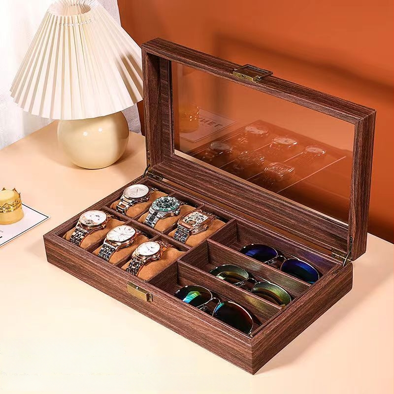 12 skyrių laikrodžių laikymo dėžutė, retro medžio rašto PU oda, die-cut technologija, medžio rašto odos modelis, papuošalų ekspozicija