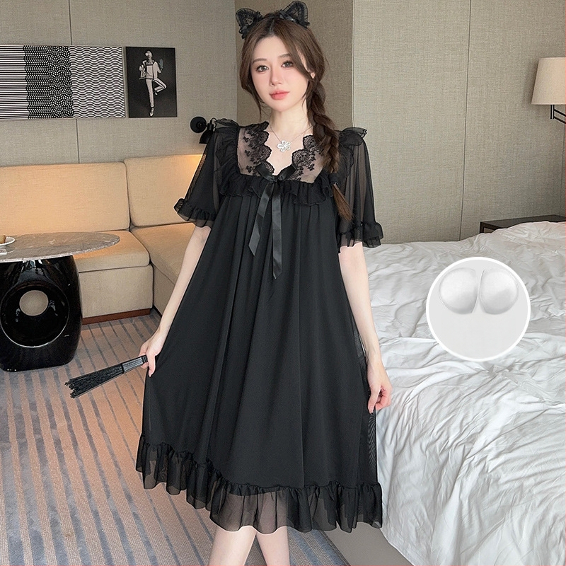 Νυχτικό από διχτυωτό ύφασμα με δαντελένιο φιόγκο, στυλ πριγκίπισσας, V-λαιμό, μανίκια 3/4