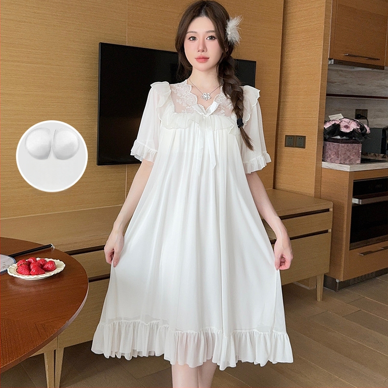 Νυχτικό από διχτυωτό ύφασμα με δαντελένιο φιόγκο, στυλ πριγκίπισσας, V-λαιμό, μανίκια 3/4