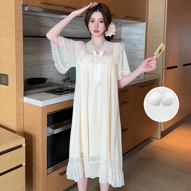 Νυχτικό από διχτυωτό ύφασμα με δαντελένιο φιόγκο, στυλ πριγκίπισσας, V-λαιμό, μανίκια 3/4