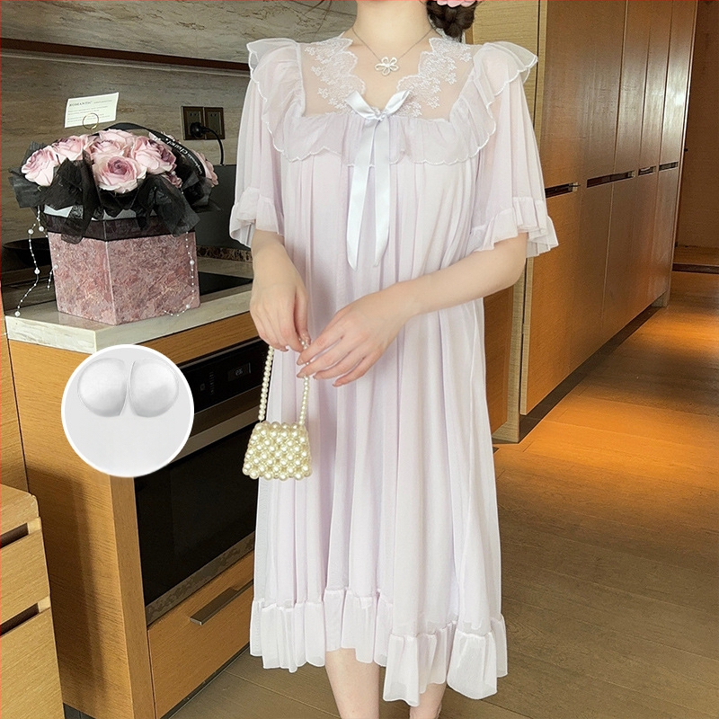 Νυχτικό από διχτυωτό ύφασμα με δαντελένιο φιόγκο, στυλ πριγκίπισσας, V-λαιμό, μανίκια 3/4