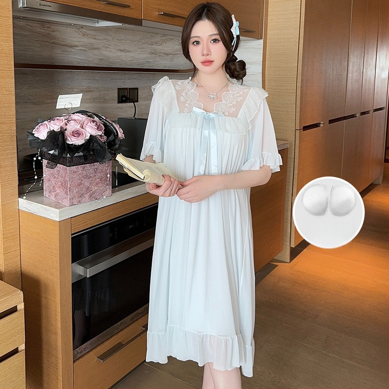 Νυχτικό από διχτυωτό ύφασμα με δαντελένιο φιόγκο, στυλ πριγκίπισσας, V-λαιμό, μανίκια 3/4