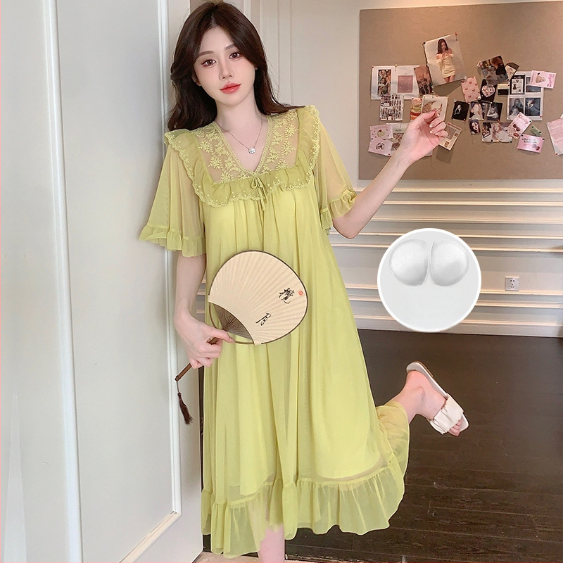 Νυχτικό από διχτυωτό ύφασμα με δαντελένιο φιόγκο, στυλ πριγκίπισσας, V-λαιμό, μανίκια 3/4