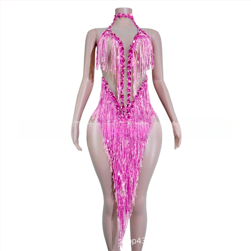 Naistei võrgust kleit, millel läikivad rhinestones ja frangid – lavastuslik kostüüm Latīno tantsude jaoks, Euroopa ja Ameerika stiil, 2025 sügis, polüester-spandex-puuvillase segu