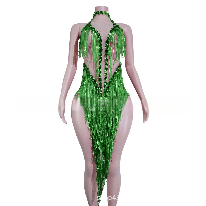 Naistei võrgust kleit, millel läikivad rhinestones ja frangid – lavastuslik kostüüm Latīno tantsude jaoks, Euroopa ja Ameerika stiil, 2025 sügis, polüester-spandex-puuvillase segu