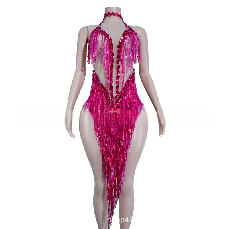 Naistei võrgust kleit, millel läikivad rhinestones ja frangid – lavastuslik kostüüm Latīno tantsude jaoks, Euroopa ja Ameerika stiil, 2025 sügis, polüester-spandex-puuvillase segu