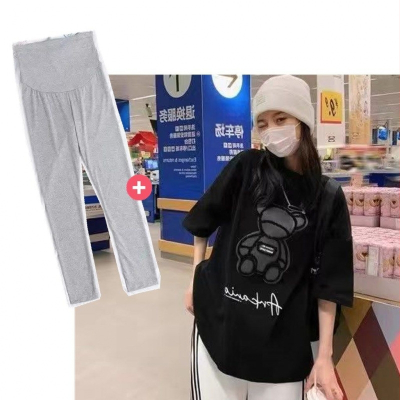 Κουστούμι εγκυμοσύνης για καλοκαίρι με παντελόνια, μανίκια 3/4, μανίκια σε σχήμα πετάλου, cropped παντελόνια, street-style σχεδίαση, βασικό ύφασμα 90-95%